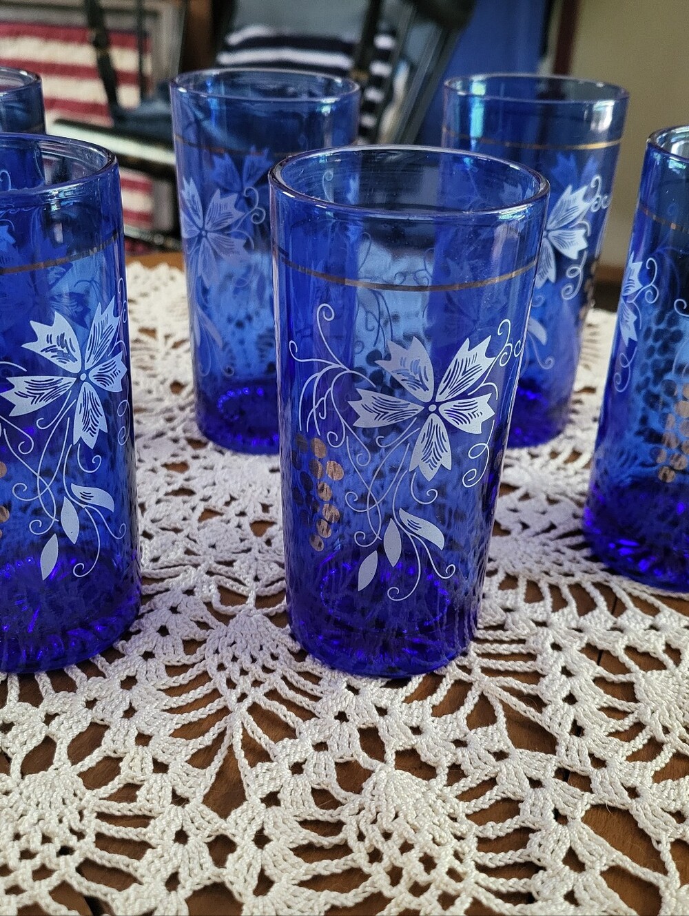 Cobalt Blue Floral Etched Glass Tumblers - Set of 6